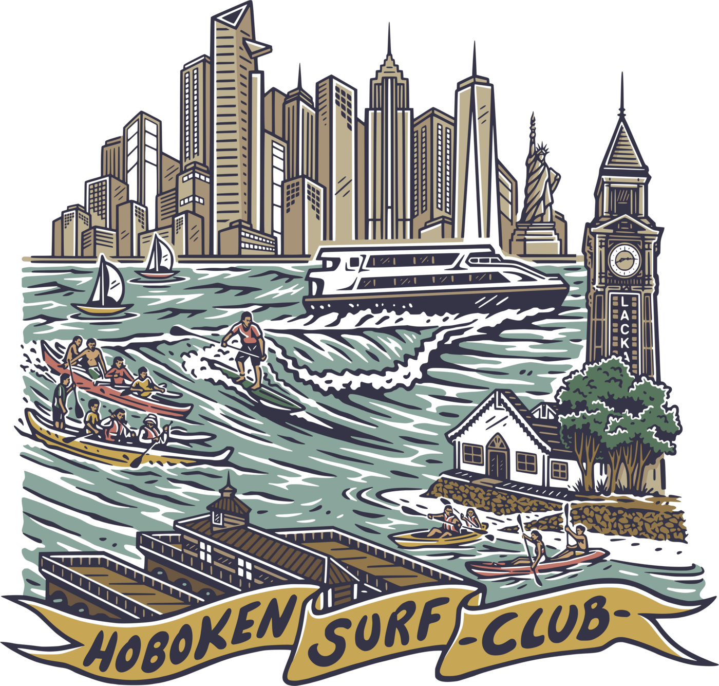 Illustration of Hoboken Surf Club: the Midtown skyline over the river, a ferry, a surfer, outrigger canoes and kayaks, the Hoboken Cove boathouse and the Lackawanna clock tower, with the club name on a banner